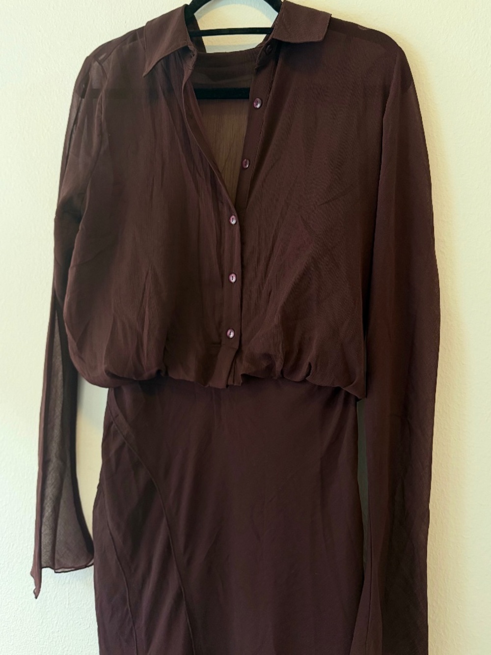 NWT ASOS DESIGN Sheer Chocolate Brown Midi Shirt Dress | Long Sleeve - Picture 7 of 10